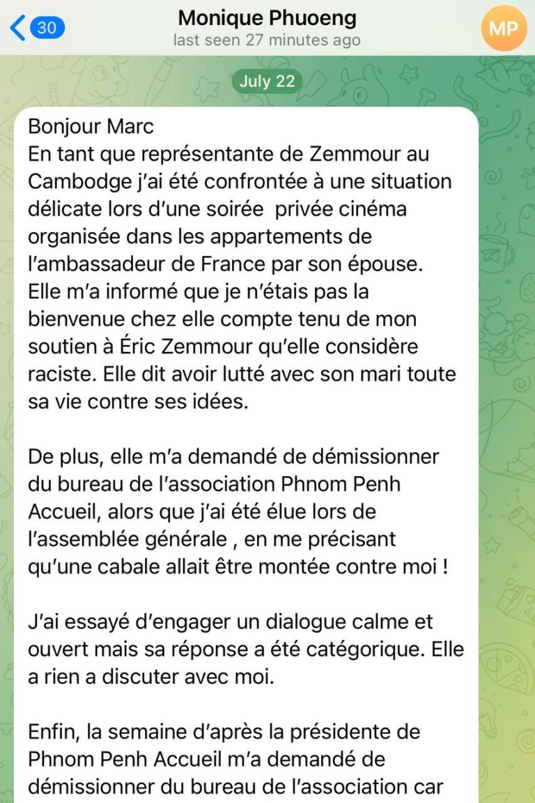 Du rififi au Cambodge : Une cabale contre une Française à cause de son soutien pour Zemmour.