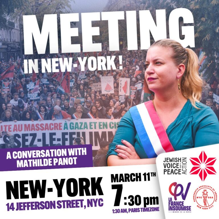 Mathilde Panot en réunion publique à New York le 11 mars 2024